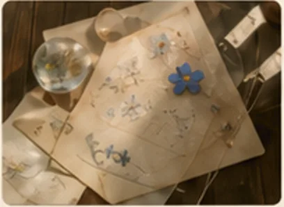 A keepsake box of letters and pressed forget-me-not flowers with a handwritten tag