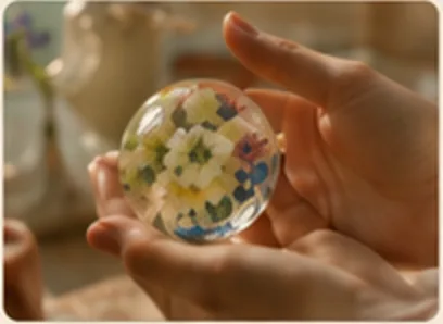 Hands gently holding a floral resin sphere with blue and white flowers